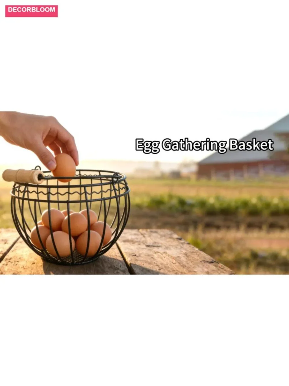 Wire Egg Basket Metal Wood Handle Holds 24 Eggs Farmhouse Kitchen